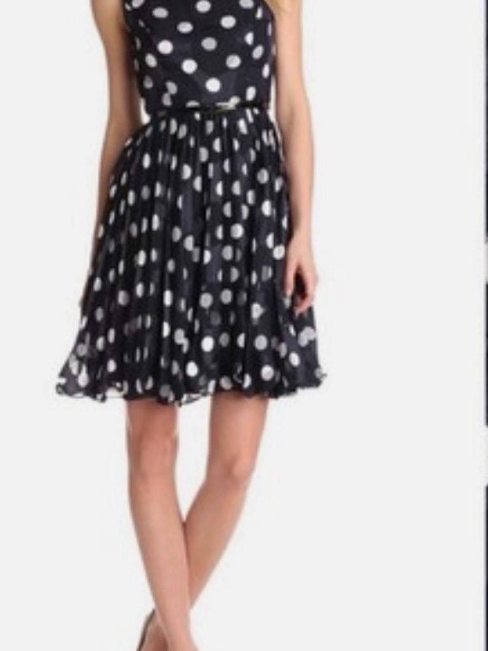 Adrianna Papell Polka Dot Pleated
Belted Cocktail Dress Navy Blue
White Sz 8